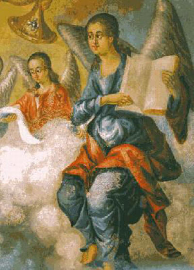 Ангел - детайл стенопис на Тома Вишанов - Молера (кр. на 1798 година) от олтарната абсида на на църквата "Св. Евангелист Лука"в постницата "Св. Лука" при Рилския манастир. Източник: journey.bg