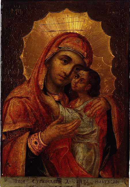 Св. Богородица с Младенеца (Елеуса). Икона от 1874 г. от Станислав Доспевски. Днес в Националния исторически музей, София.