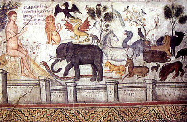 Адам дава имена на животните. Стенопис от нач. на 16 век от Теофан Критски в църквата на манастира "Св. Николай Анаправас" в Метеора (St. Nicholas Anapavas Monastery, Meteora)