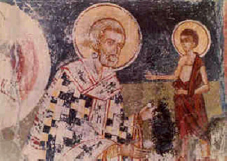 Видението на свмчк. Петър Александрийски. Фреска от XIV в. в скалната църква в с. Калище  край Охридското езеро в Македония. The vision of St. Petar of Alexandria, 14th century, from the church monastery. Source: struga.org