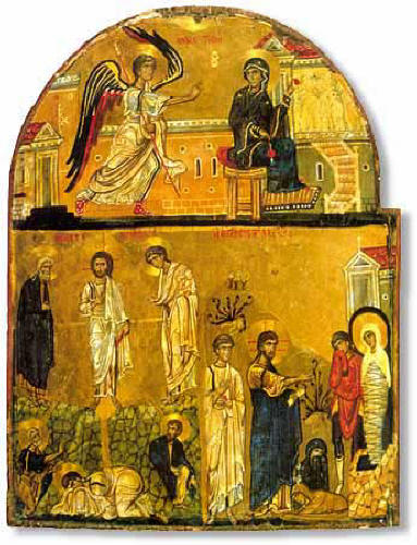 Благовещение. Преображение. Възкресението на Лазар. Тричастна икона (част от тетраптих с изображението на 12-те празника) от от XII в., манастира "Св. Катерина" на Синай. Източник: icon-art.info