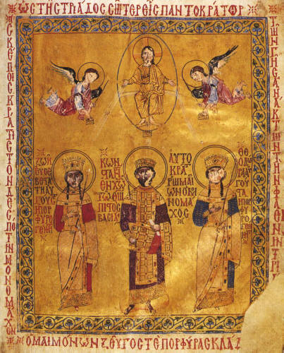 Константин IX Мономах, Зоя и Tеодора. Миниатюра от ок. 1050 г. със слова на св. Йоан Златоуст от манастира "Св. Екатерина" в Синай. Източник: all-photo.ru.