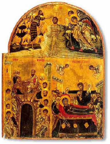 Кръщение Христово, Слизането на Св. Дух, Успение Богородично. Тричастна икона (част от тетраптих) от манастира "Св. Катерина" в Синай. Източник: xxc.ru