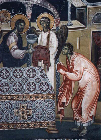 Причастието на апостолите. Детайл от стенопис от 1295 г. от Охрид.