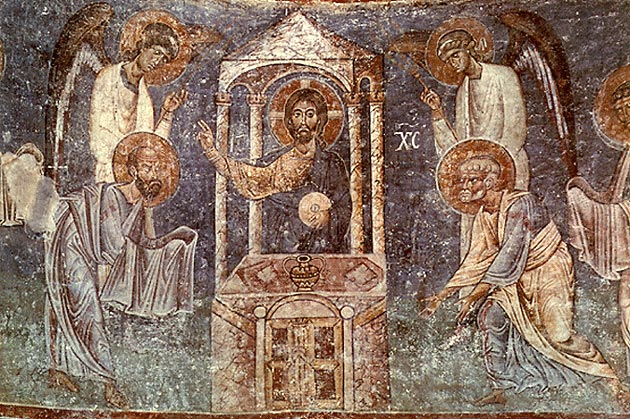 Причастието на апостолите. Детайл от стенопис от 1037-1056 г. от Охридската църква "Св. София" (Agia Sophia in Ochrid, Macedonia). Източник: macedonian-heritage.gr